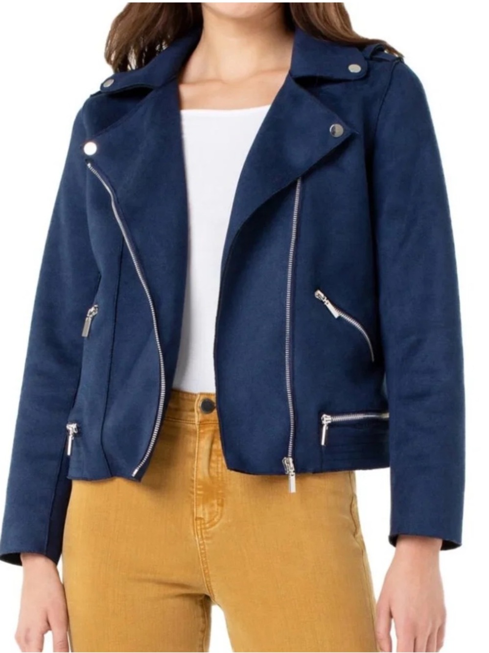 Liverpool Los Angeles Womens Medium Navy Faux Suede Moto Biker Jacket Zip